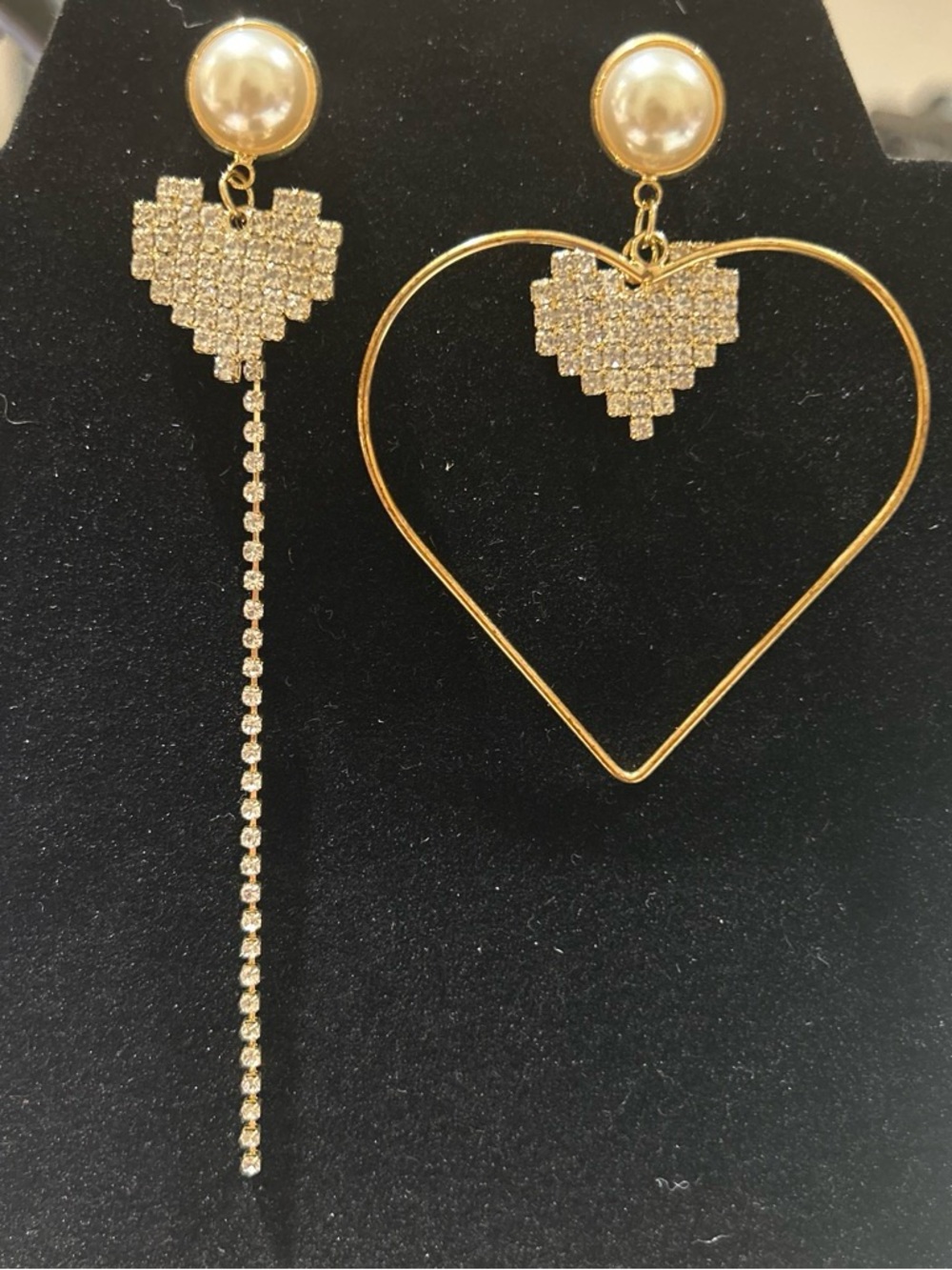 Gold color Heart Drop faux Pearl & Crystal Asymmetric Earrings